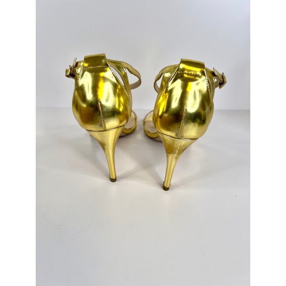ASOS Size 8 Gold Shiny 3 Inch Ankle Strap Heels Open Toe - Picture 5 of 15